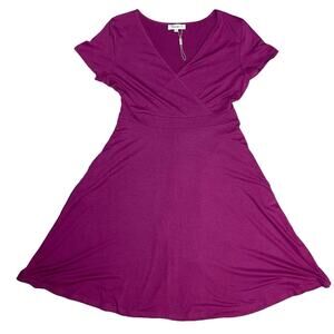 Manydress V-Neck Faux Wrap Pockets Stretch Casual Midi Dress‎ in Purple Size XL